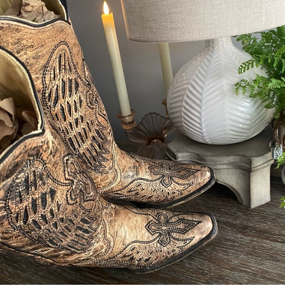 CORRAL Distressed Leather Cross Wings Glitter Cowgirl Cowboy Western Boot 8 Tan - Picture 5 of 16